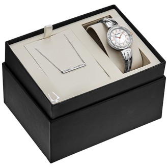 Bulova Ladies Bangle Stainless Steel Watch & Swarovski Bar Necklace Set